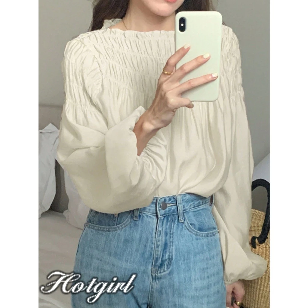 Hotgirl พร้อมส่ง เสื้อแขนยาวคอกลมสไตล์ฝรั่งเศสหวานๆ แขนพอง ดีไซน์จับจีบ สไตล์ย้อนยุคสบายๆ หลวมๆ