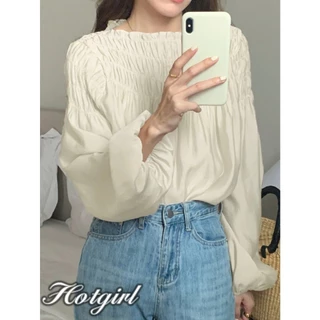 Hotgirl พร้อมส่ง เสื้อแขนยาวคอกลมสไตล์ฝรั่งเศสหวานๆ แขนพอง ดีไซน์จับจีบ สไตล์ย้อนยุคสบายๆ หลวมๆ
