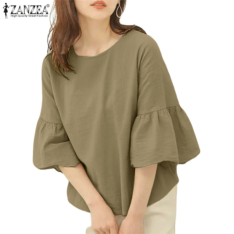 ZANZEA ซานเซีย เสื้อลำลองสำหรับผู้หญิง สไตล์เกาหลี แขนระฆัง รอบคอ 3/4 ลายสีทึบ ทรงหลวมใส่สบาย — صورة 7