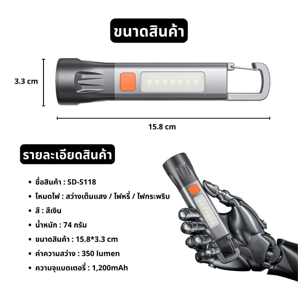 SD-S118 ไฟฉายแรงสูง ไฟฉายแบบพกพา 350lumen LED ชาร์จแบต 1200mAh สไลด์ซูมได้ ไฟด้านข้าง ไฟฉุกเฉิน ไฟฉายเดินป่า แคมป์ปิ้ง - รูปที่ 6