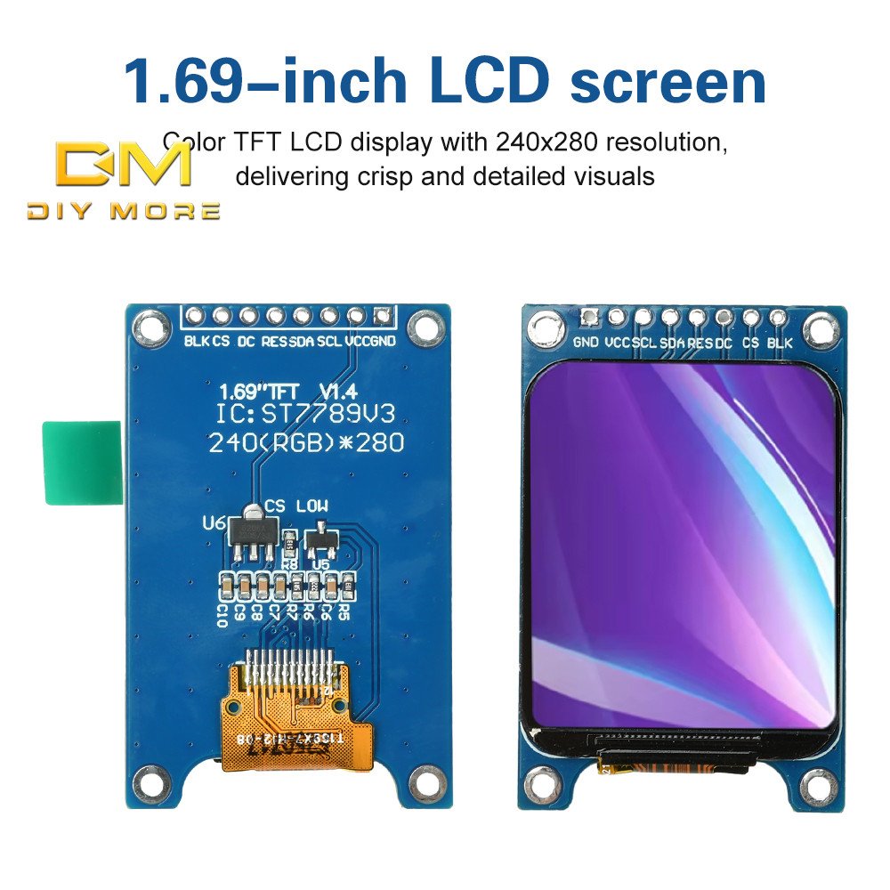 DIYMORE หน้าจอ TFT LCD ขนาด 1.69 นิ้ว St7789 หน้าจอขนาดเล็ก 240x280 จอแสดงผล Lcd หน้าจอโค้งมน Spi หน้าจอสีโมดูลบอร์ดสีฟ้า 8 Pin Headers