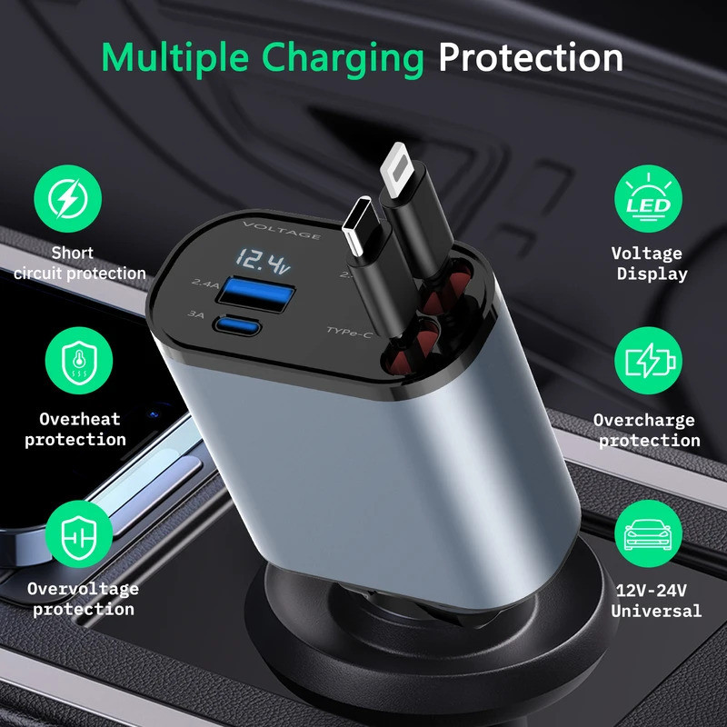 100W 4 IN 1 Retractable Car Charger USB Type C สําหรับ IPhone สําหรับ Samsung Fast Charge สายไฟบุหรี