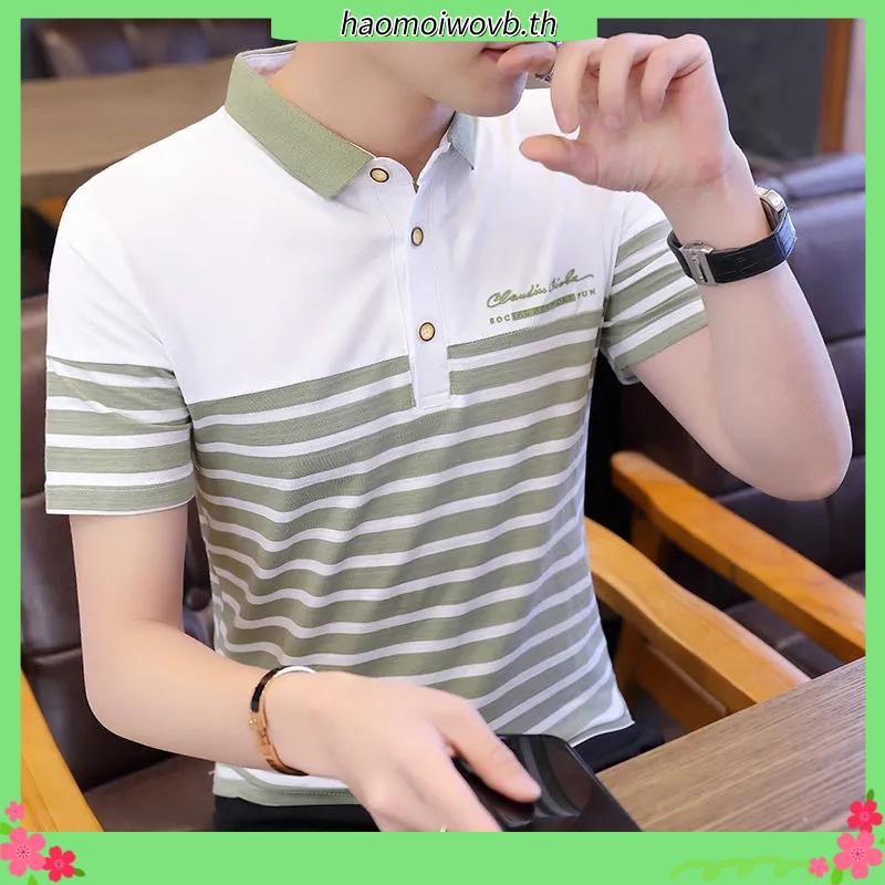 เสื้อโปโลแขนสั้นลําลอง คอปก ลายทาง สไตล์เกาหลี สําหรับผู้ชาย SLC124