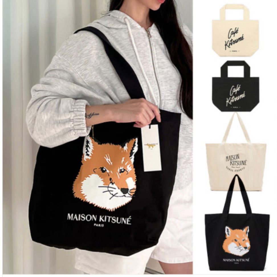 🇰🇷Maison Kitsune Fox Head Tote Bag Ecru กระเป๋าผ้าโทนครีม ของแท้จากเกาหลี 🦊 preorderoppa
