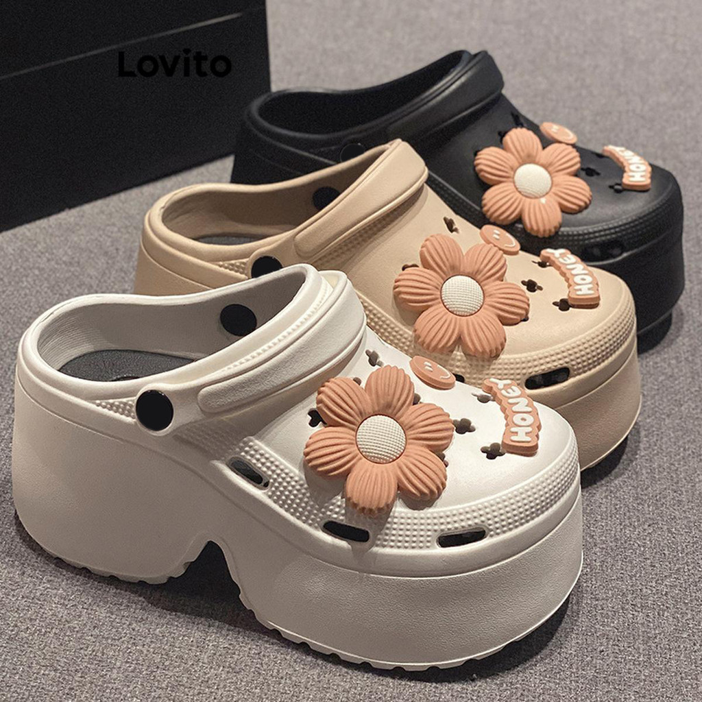 Lovito รองเท้าแตะส้นแบนลําลองธรรมดา 9 ซม. หนาพิเศษ นุ่มนิ่มSole ฤดูร้อน Daisy Show รองเท้าแตะส้นแบนข