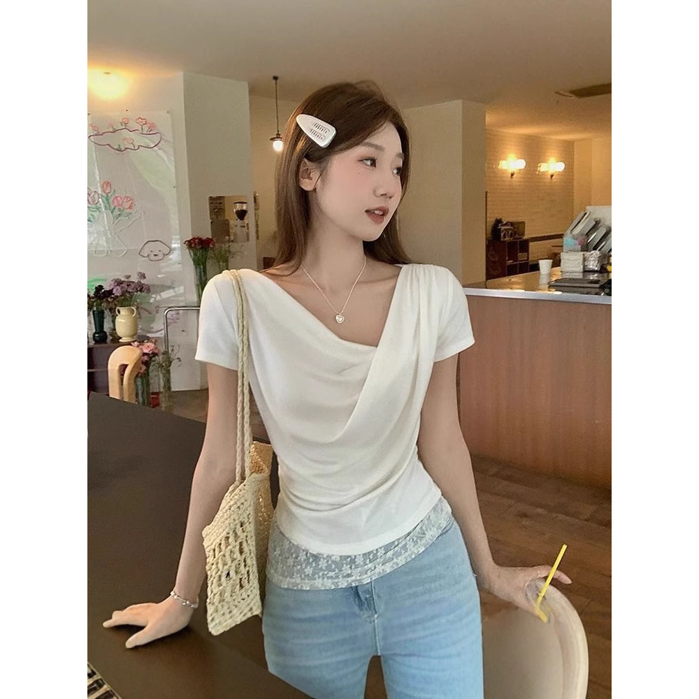 Verve ClosetNew เสื้อยืดแขนสั้นสีทึบสําหรับผู้หญิงพร้อมดีไซน์คอปกเซ็กซี่และจับคู่ด้านบน