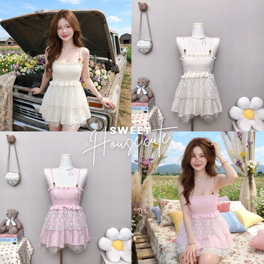 SweetHouse #736 เสื้อสายเดี่ยวระบายลูกไม้ (ผ้า Rossy ผ้าบาง) หวานสวยน่ารักมากก + กางเกงลูกไม้ระบาย 4 ชั้น