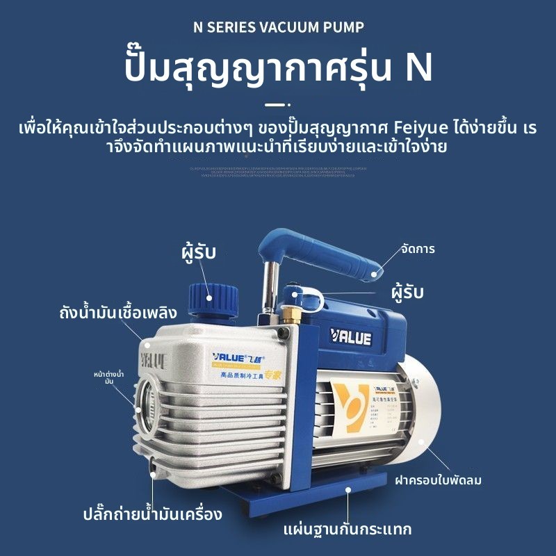 ปั๊มสุญญากาศ VALUE FY-1.5C-N สองขั้น ขนาด 1/2/3/4 ลิตร ดูดสุญญากาศซ่อมแอร์ กรองห้องแล็บ ติดชิ้นงาน