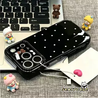 สำหรับ OPPO A58 A60 A3x A57 A38 A17 A15 A16 A16s A54s A74 A53 Reno4F เคสดำลายจุดขาว ลายหมีและโบว์ สไตล์หวานน่ารัก