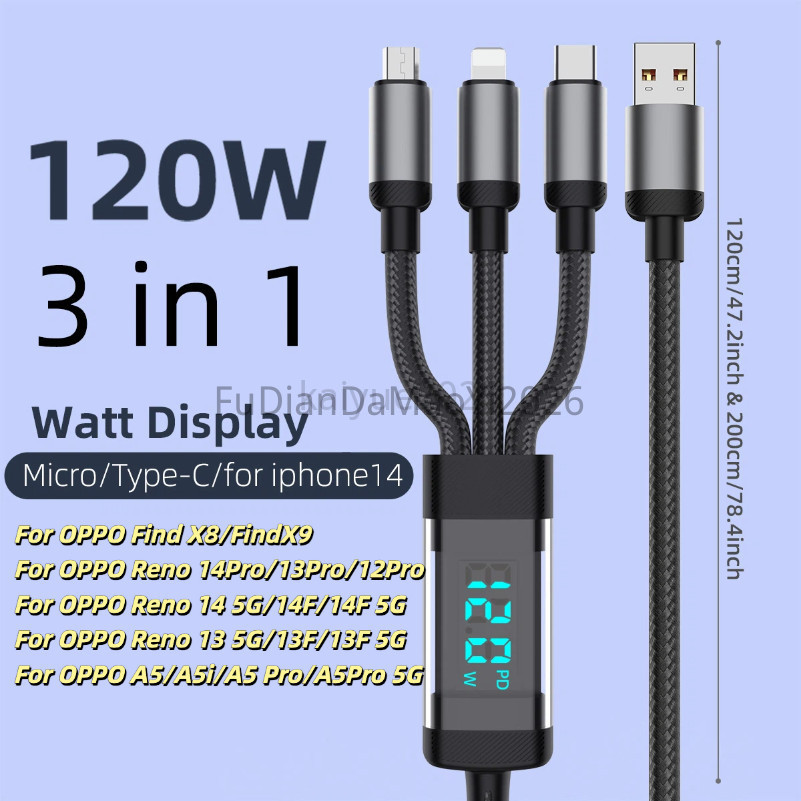 FUDIDANDA 3 in 1 Digital Display Data Cable 120W Fast Charging Type-C Micro สําหรับ OPPO Reno 14Pro 