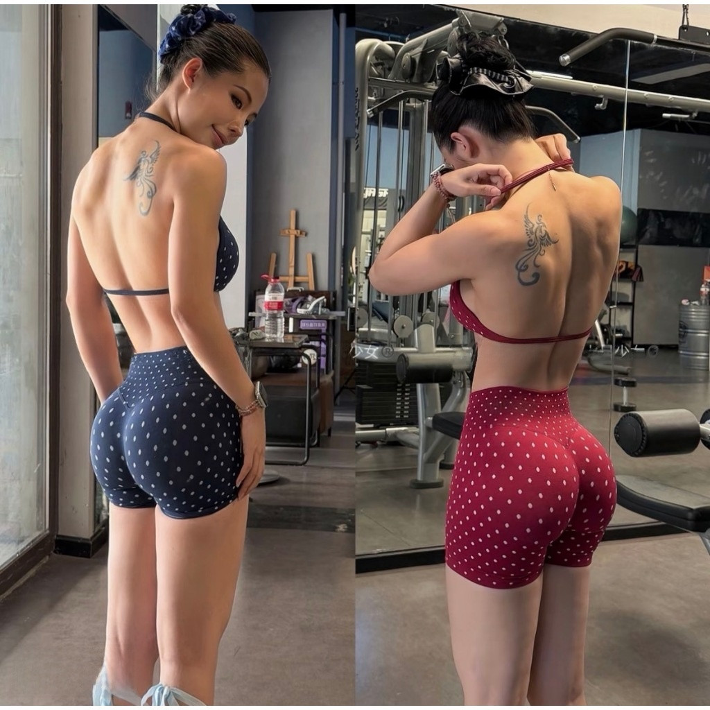FitWild Dup ชุดโยคะไร้ตะเข็บ | สปอร์ตบราเบาะเชือกแขวนคอ + กางเกงขาสั้น นักขี่จักรยาน เอวสูง 2 ชิ้น | คลังสินค้าพร้อม XS‐L 28 สี