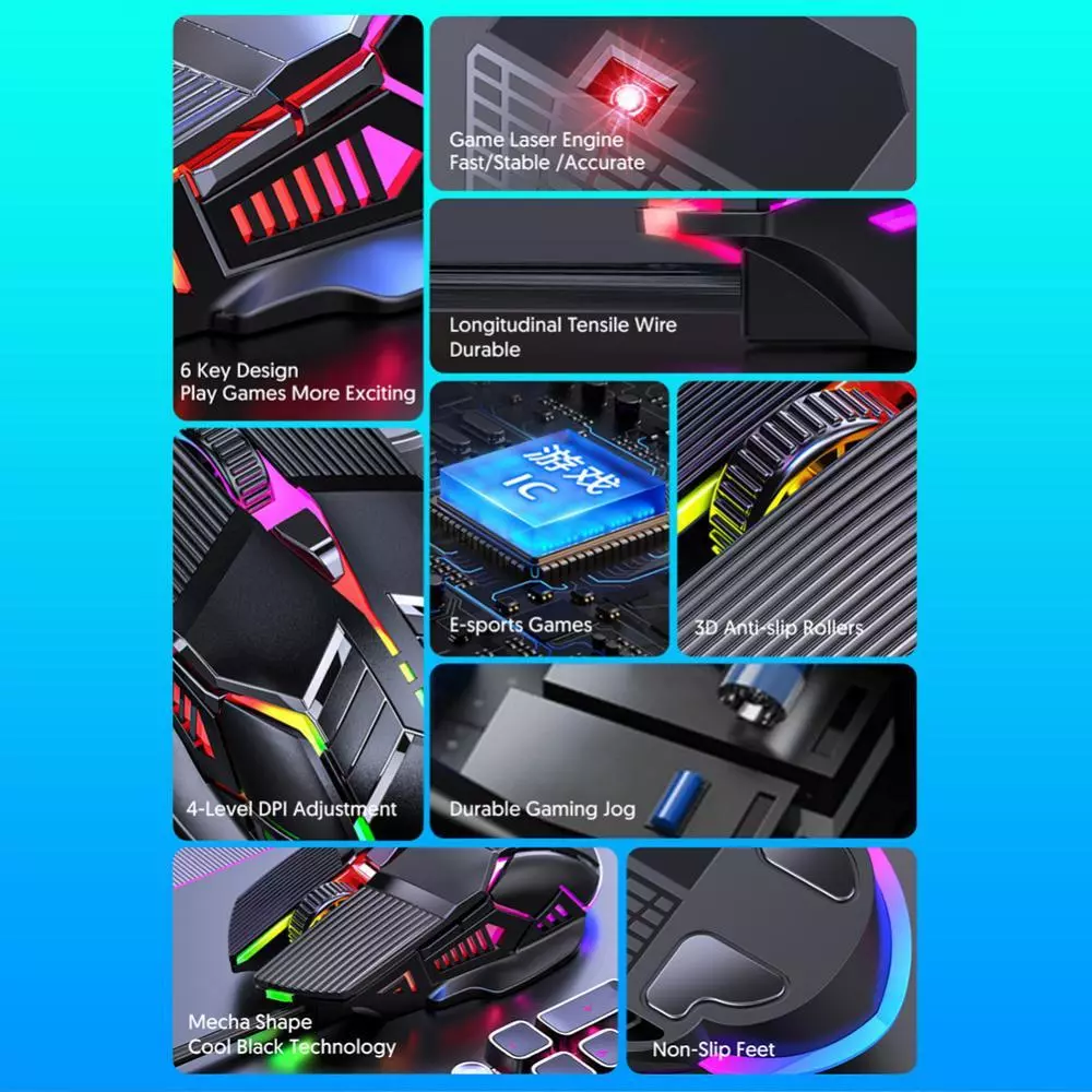 GAOFENG เมาส์เกมมิ่งแบบมีสาย USB 6 ปุ่ม มีไฟ RGB สำหรับ PC แล็ปท็อป J3U8 thumbnail 5