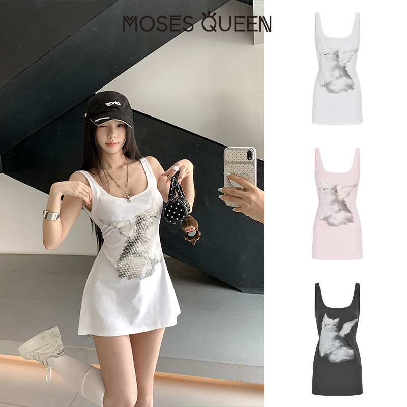 MOSESQUEEN ความเมตตาควีน เดรสเสื้อครอปพิมพ์ลายแมวน่ารักคอกว้าง สายปรับได้ และเสื้อท็อปขอบเอวเข้ารูป #63751