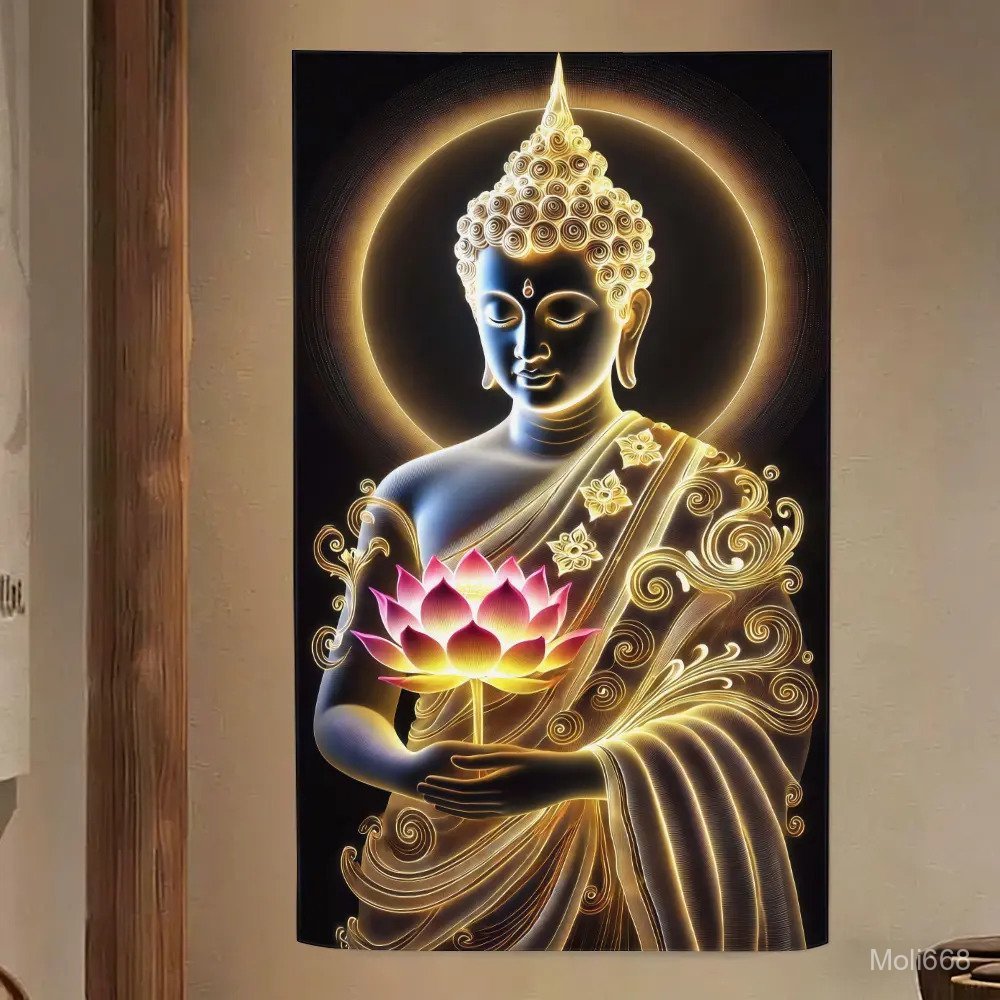 ผ้าพื้นหลังพิมพ์ลายพระพุทธรูปถือดอกบัว ทำจากโพลีเอสเตอร์ เหมาะสำหรับตกแต่งผนังห้องนั่งเล่น