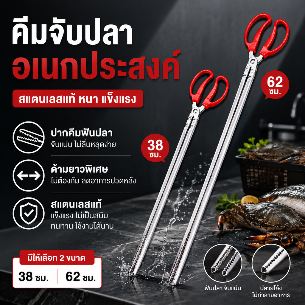 คีมจับสัตว์น้ำ หรือคีบปิ้งย่าง คีมสแตนเลส ขนาด 38cm/62cm ใช้งานง่าย ป้องกันการลื่น Long-handled Clip