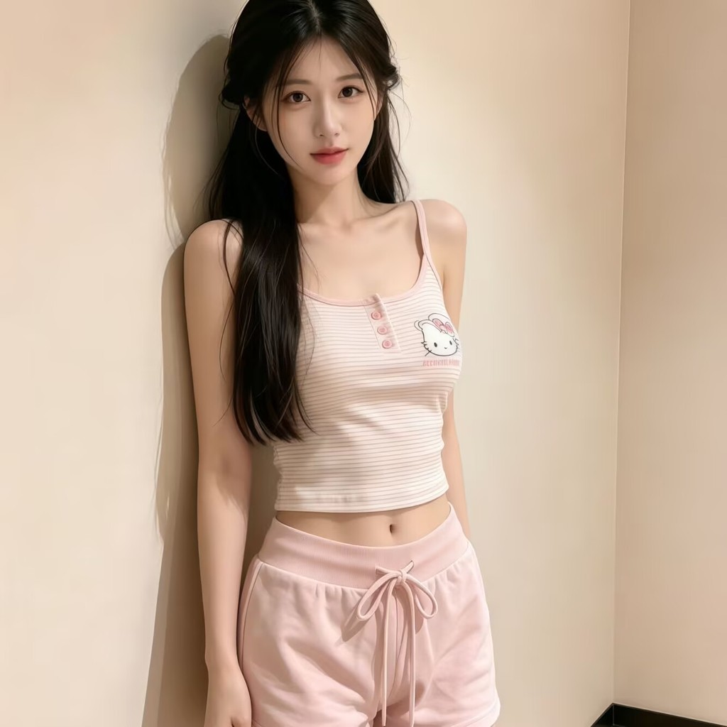 Bralette สีชมพูลายการ์ตูนถัง Strappy กางเกงขาสั้นชุดนอนเซ็กซี่ผู้หญิงชุดนอน