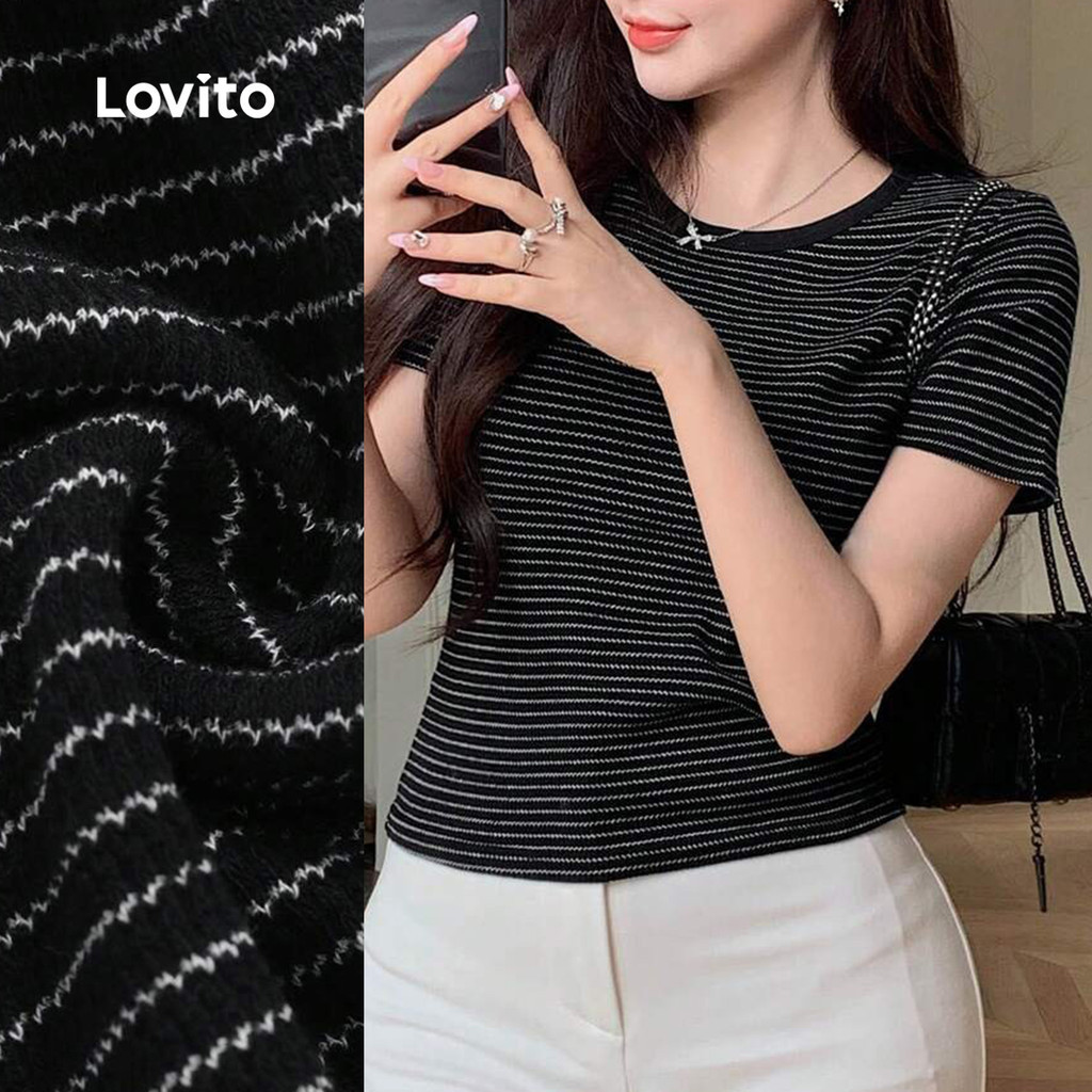 Lovito เสื้อยืดคอมน ไม่เป็นทางการly สำหรับผู้หญิง สีดำ พร้อมขอบต่างกัน ฤดูใบไม้ผลิ/ฤดูร้อน เกาหลี อิ