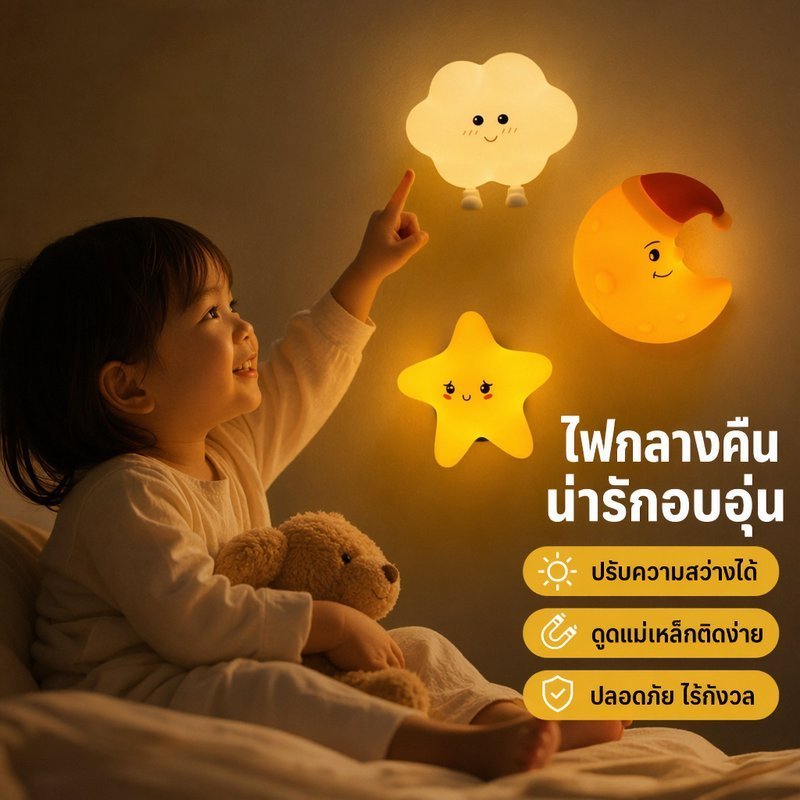โคมไฟกลางคืน ไฟนอน ซิลิโคน แม่เหล็ก รูปเมฆ ดาว ดวงจันทร์ ปรับความสว่างได้ ชาร์จ Type C