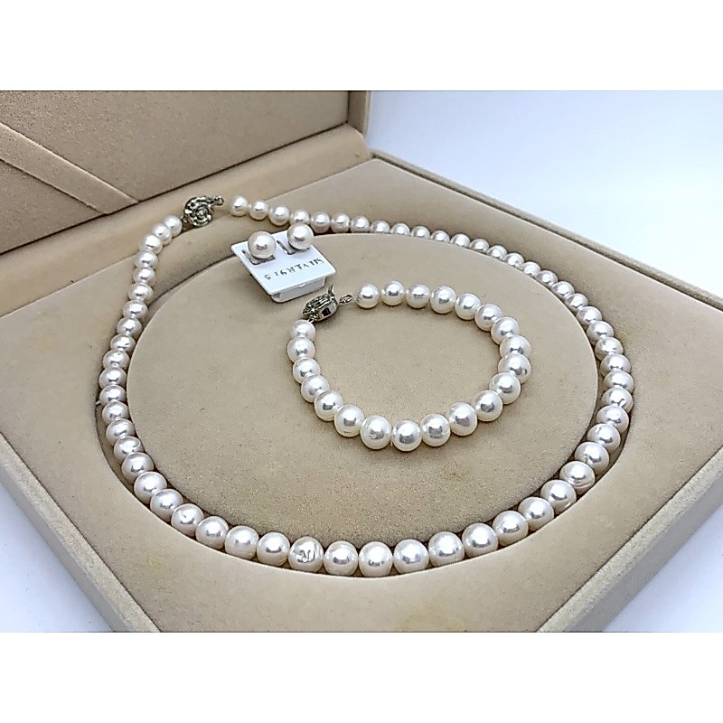 เซ็ตไข่มุกแท้ 2in1สีขาว - สามารถนำสร้อยคอมาต่อกับสร้อยข้อมือ เป็นสร้อยยาวได้ ❗️แถมฟรีกล่องกำมะหยี่รูปหัวใจ