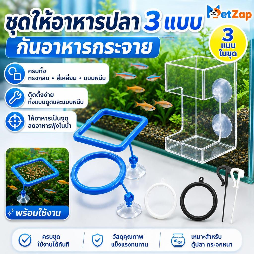 【Pet Zap】พร้อมส่ง ส่งไว ที่ให้อาหารปลาลอยน้ำ ห่วงให้อาหารปลา อะคริลิคใส ทรงกลม สี่เหลี่ยม จุ๊บติดกระจก CW-069