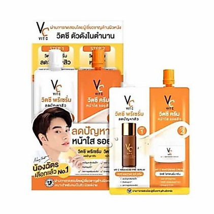 (ราคายกกล่อง6ซอง)VC Vit C Bio Face serum+cream วิตซีน้องฉัตรซองคู่2เสต็ปแแบบซอง