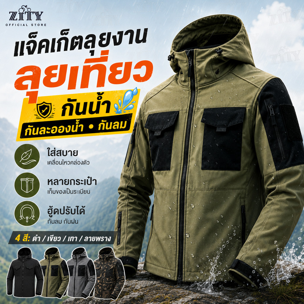 ZITY 🔥คุณภาพดี🔥 เสื้อแจ็คเก็ตเดินป่ากันน้ำ แจ็กเก็ตผู้ชาย กันน้ำและกันลมแ Tactical Jackets คุณภาพสูง