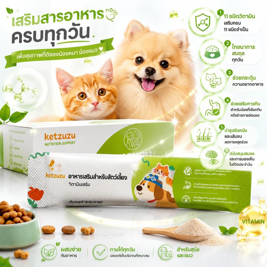 Ketzuzu 12/24 แพ็ควิตามินแมว วิตามินสุนัข วิตามินรวมผง ช่วยขนสวยและดูดซึมดีขึ้น14g