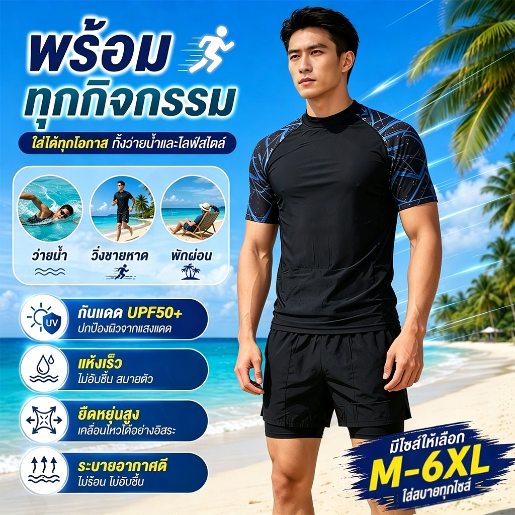 ชุดว่ายน้ำชาย 3ชิ้น สไตล์สปอร์ตเกาหลี เสื้อแขนยาว+กางเกงขายาว+ขาสั้น2ชั้น กันยูวี