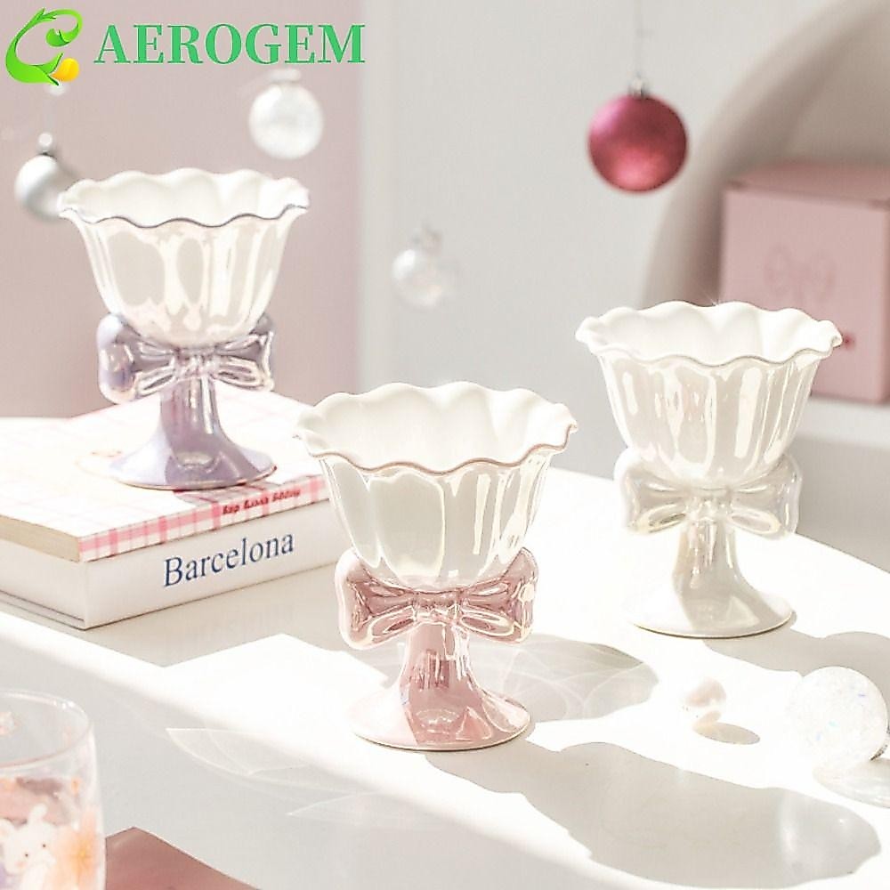 AEROGEM ถ้วยไอศกรีมรูปโบว์, ถ้วยขนมหวานมัลติฟังก์ชั่นเซรามิก, เครื่องมือขนมหวานแฟชั่นถ้วยชาเท้าสูงชามสลัดผลไม้