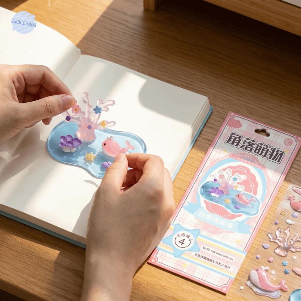 LUXELUNGE 3D DIY สติกเกอร์คริสตัล, Drop Glue Whale การ์ตูนซ้อนสติกเกอร์, Decompression Bear Rabbit Handcraft ที่ถอดออกได้บรรเทาสติกเกอร์เครื่องประดับ Scrapbooking