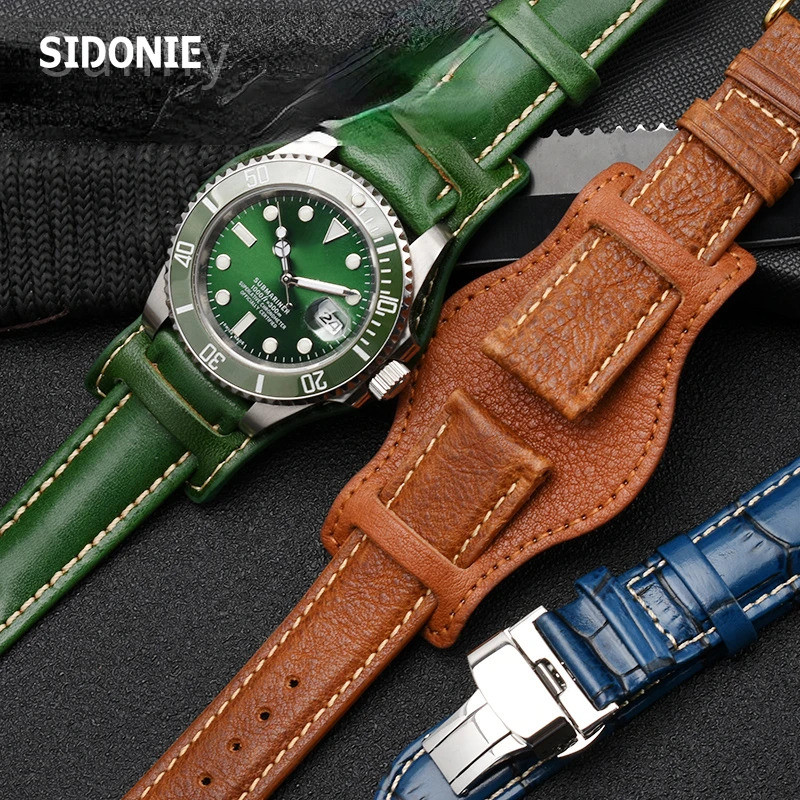 สายนาฬิกาหนังแท้สําหรับ Rolex Green Submariner Omega timex Vintage plus Tray Men Watch Band 20 22mm