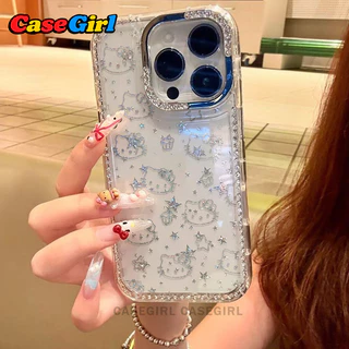 รองรับ IPhone 17 13 15 16 14 11 12 Pro Max 15 16 14 Plus ปกขอบประดับเพชร Hello Kitty กระจกแต่งหน้าลายดาววิบวับ