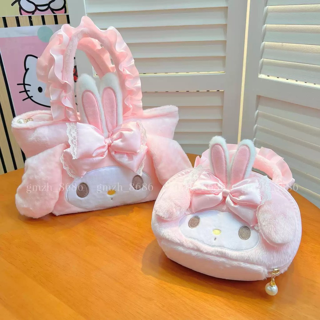 น่ารัก My Melody Kuromi กระเป๋าเครื่องสําอาง Ruffled Handle Lunch Bag สีชมพูนักเรียน Multi-Functional Hand Bag