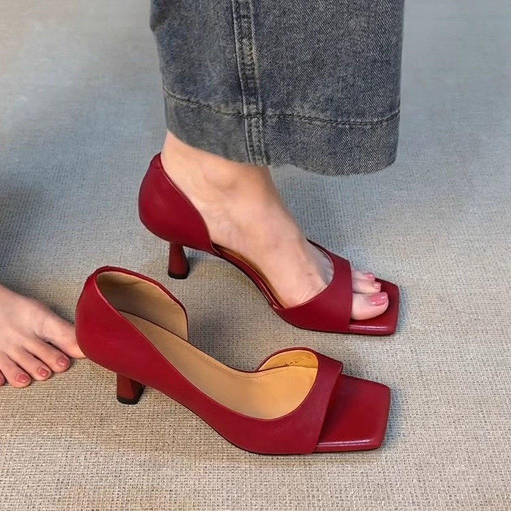 แฟชั่น Burgundy Silver รองเท้าส้นสูงขนาดเล็กภาษาฝรั่งเศสคํา Minimalist Square Toe รองเท้าแตะโรมันผู้หญิง260629พีพีพีพีพี
