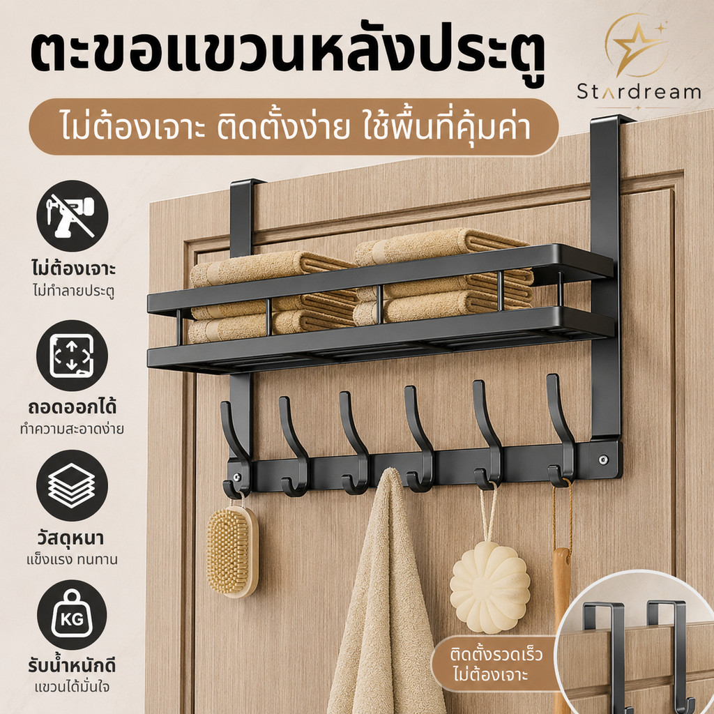 🔥COD🔥2in1 ตะขออเนกประสงค์หลังประตู ไม่ต้องเจาะผนัง แขวนเสื้อผ้า กระเป๋า จัดเก็บของใช้ในบ้าน