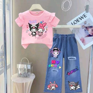 Pinkชุดตามกระแส ชุดเซ็ทเด็ก เสื้อแขนปีกนก+กางเกงยีนส์เทียม (ผ้าฝ้ายโพลี)