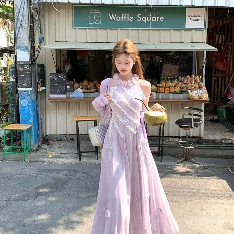 ชุดHALTER มัลติไดมेनชันดอกไม้ สไตล์เรโทรสำหรับผู้หญิง