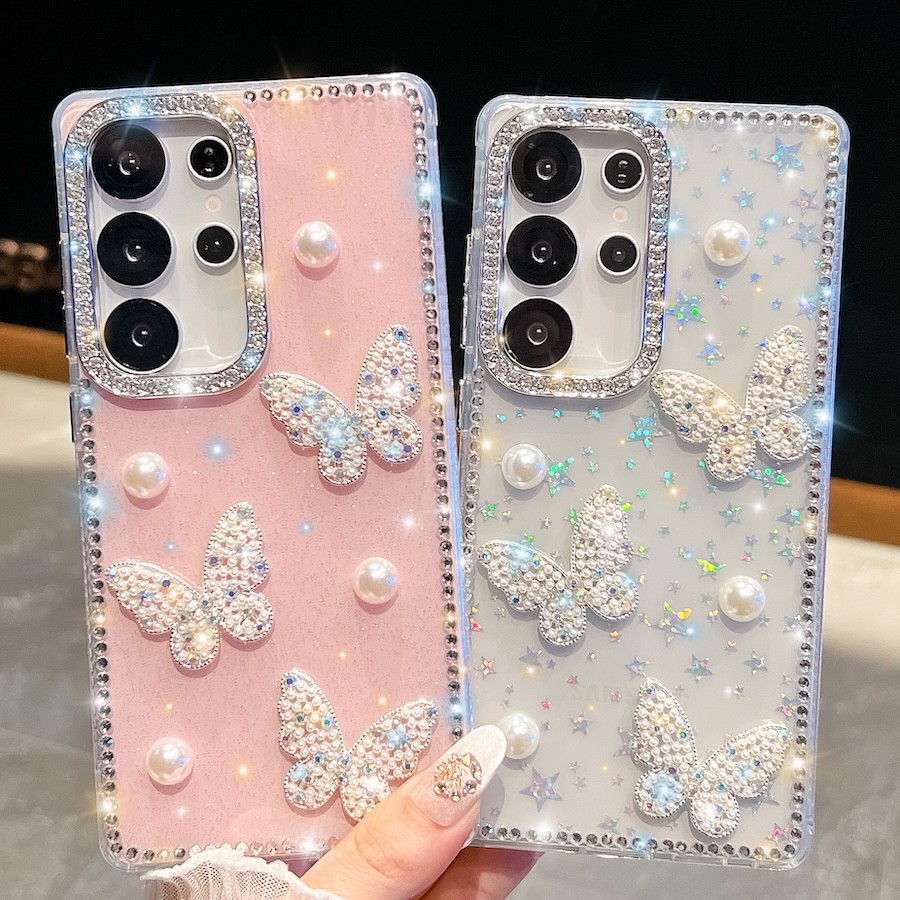 Luxury Glitter Pearl ผีเสื้อเพชรเคสโทรศัพท์สําหรับ Samsung A17 A07 S24 S25 FE S25 Plus S23 Ultra A16 A26 A36 A56 A15 A35 A55 5G ฝาครอบ