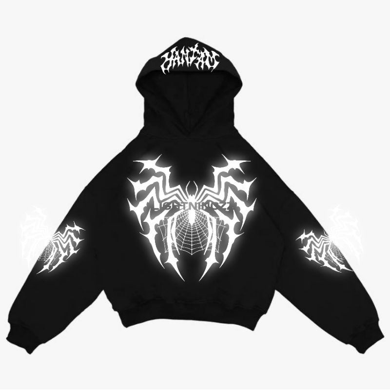 2025 TREND HOODIE พิมพ์หน้าจอภายนอกแสงขึ้น SPIDER LIGHTNINGZ SWETER ผู้ชายผู้หญิง HOODIE