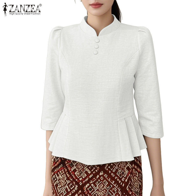 เสื้อผ้าแฟชั่นสำหรับผู้หญิง ZANZEA สไตล์เกาหลี elegance แขนยาว 3/4 มีรายละเอียดปุ่มและจีบที่สวยงาม