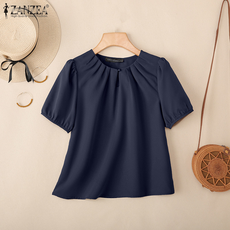 ZANZEA สไตล์เกาหลีสำหรับผู้หญิง คอปอมแขนสั้น เสื้อลายคราม pleated neckline — صورة 6
