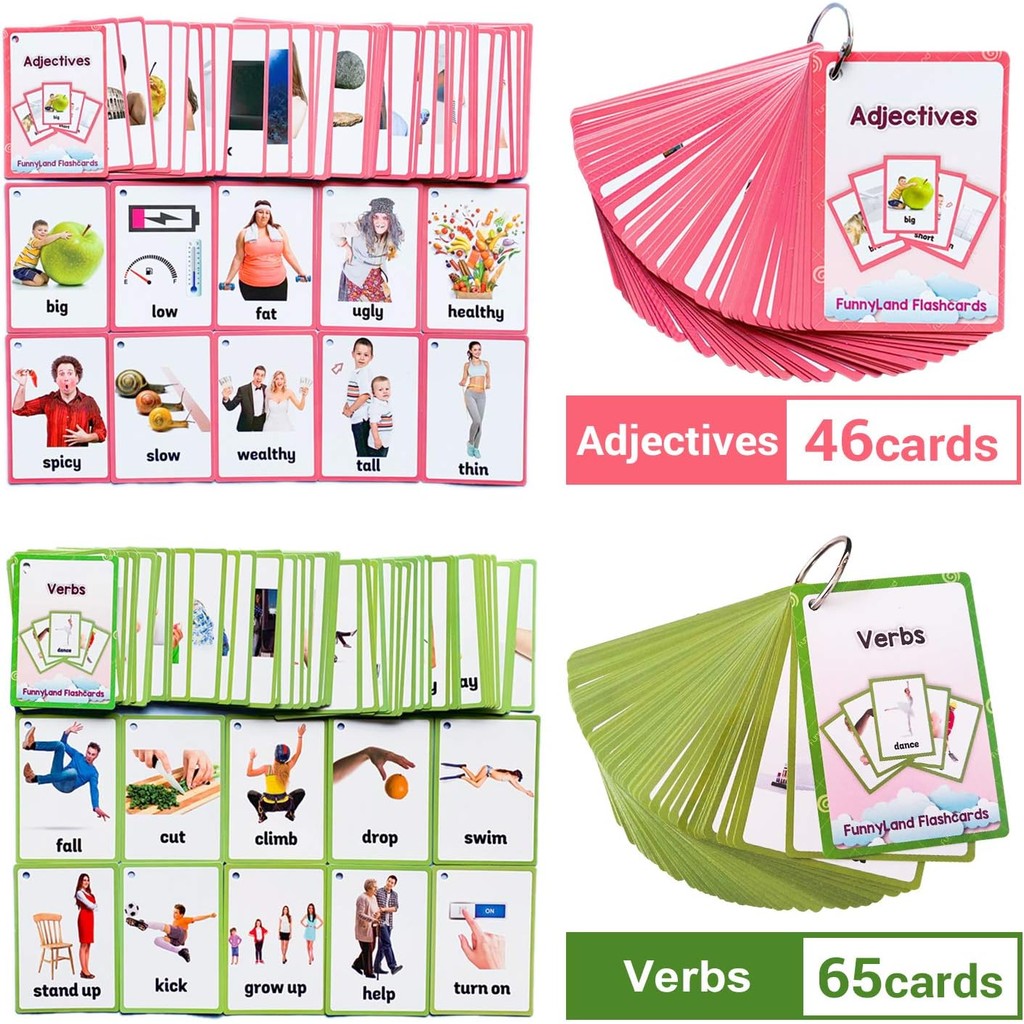 Verbs,Adjectives 2 ชุดแฟลชการ์ดภาษาอังกฤษเด็กกระเป๋าการ์ดการเรียนรู้ของเล่นเด็กสําหรับเด็ก Pre-อนุบา