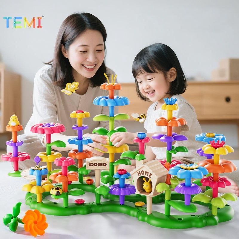 TEMI ดอกไม้ Garden Building Blocks DIY การจัดดอกไม้ประกอบของเล่นเพื่อการศึกษาวันหยุดของขวัญ