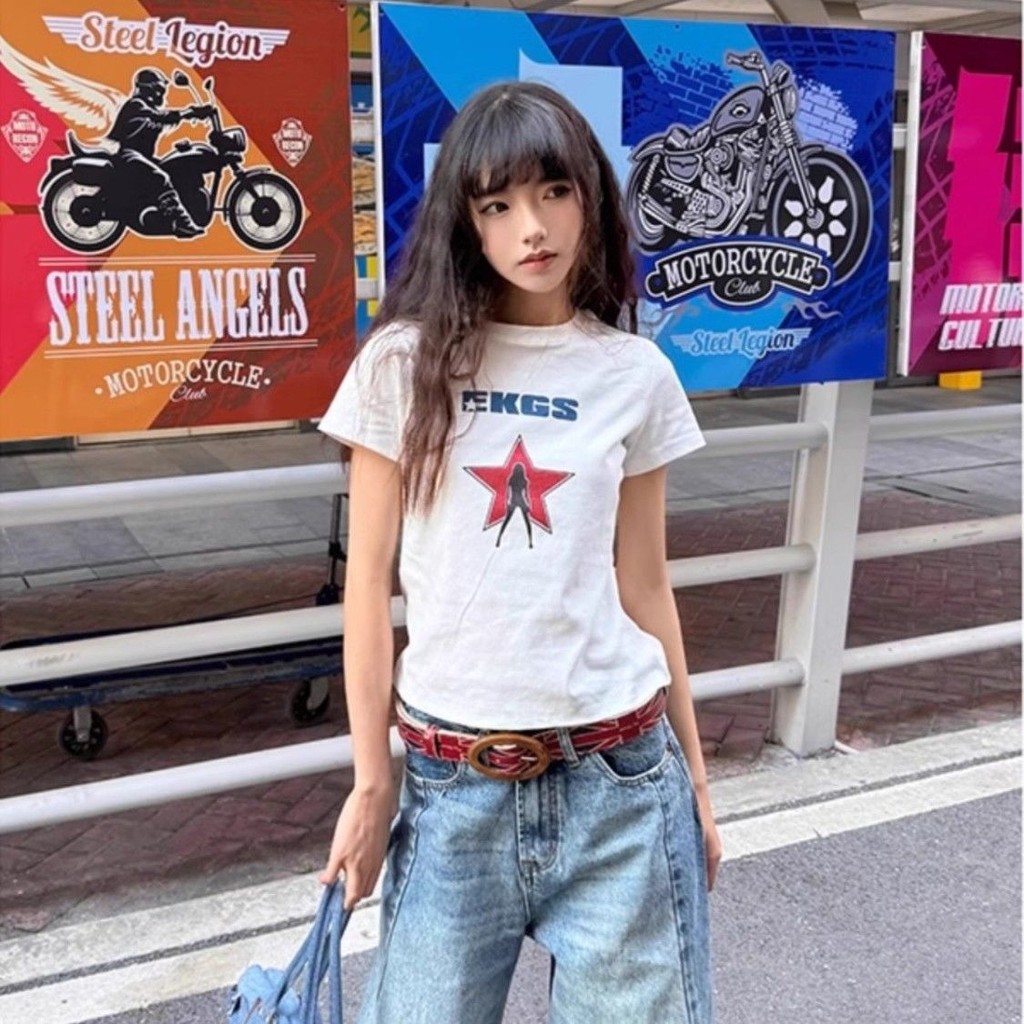【WJZ】เสื้อยืดแขนสั้นพิมพ์ลายดาวผ้าฝ้ายสำหรับผู้หญิงเกาหลี【PDD120】
