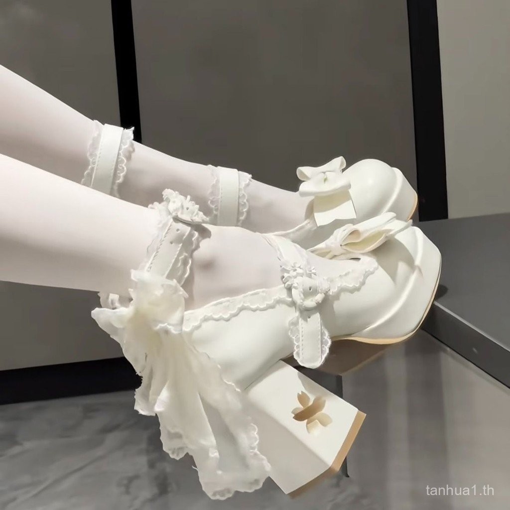 รองเท้าหนังส้นหนารองเท้าผู้หญิง ขนาด 41-42 สไตล์ Lolita ลายเชอร์รี่บลัสมสีฟ้า