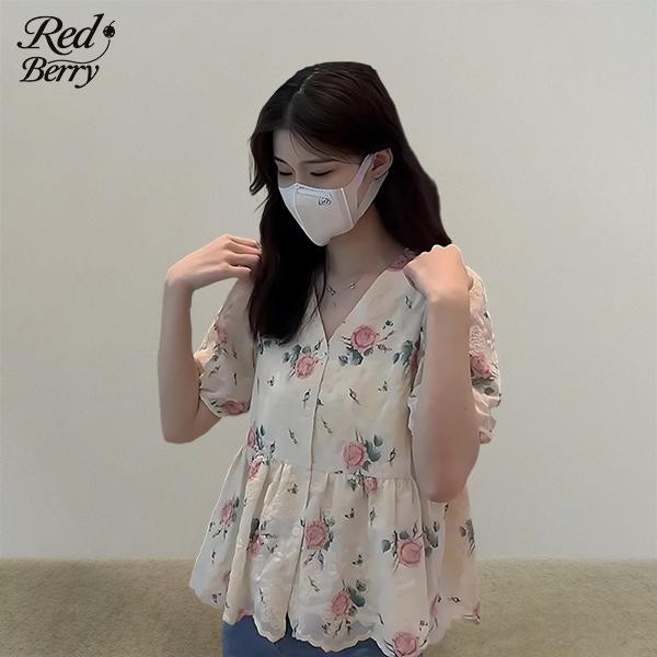 Red Berry เสื้อเชิ้ตแขนพองทรงเข้ารูปลูกไม้ลายดอกไม้สไตล์ฝรั่งเศสสำหรับผู้หญิงฤดูใบไม้ผลิใหม่ 99189