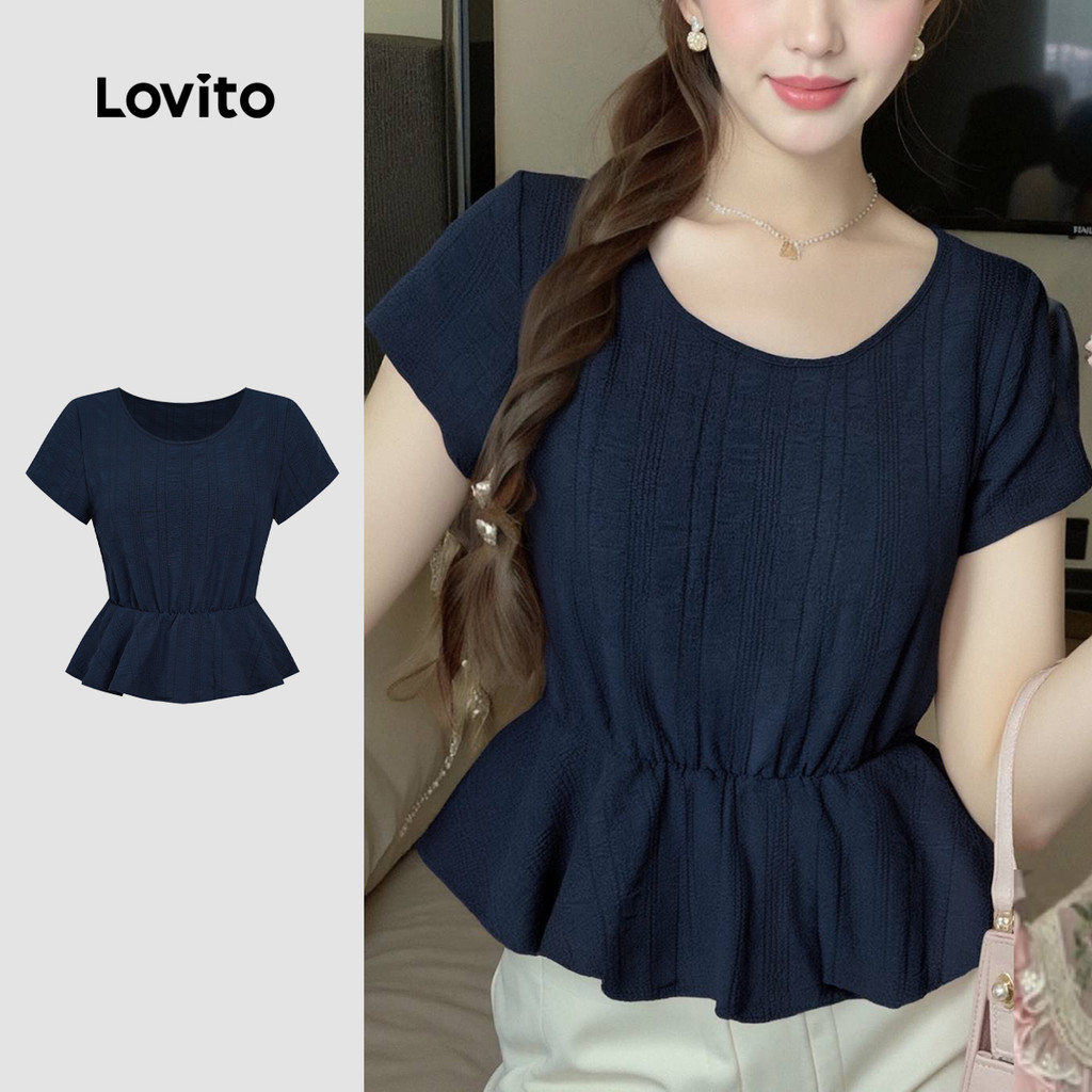 Lovito เสื้อเชิ้ตหรูหราแต่งระบายชายระบาย ช่วงฤดูใบไม้ผลิ/ฤดูร้อน สีน้ำเงินกรมท่า L149LD092