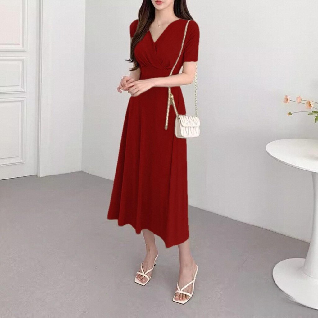 เดรสสีแดง กระโปรงยาว ชุดราตรี ออกงาน เดรสผู้หญิง dress world น่ารัก XXXL