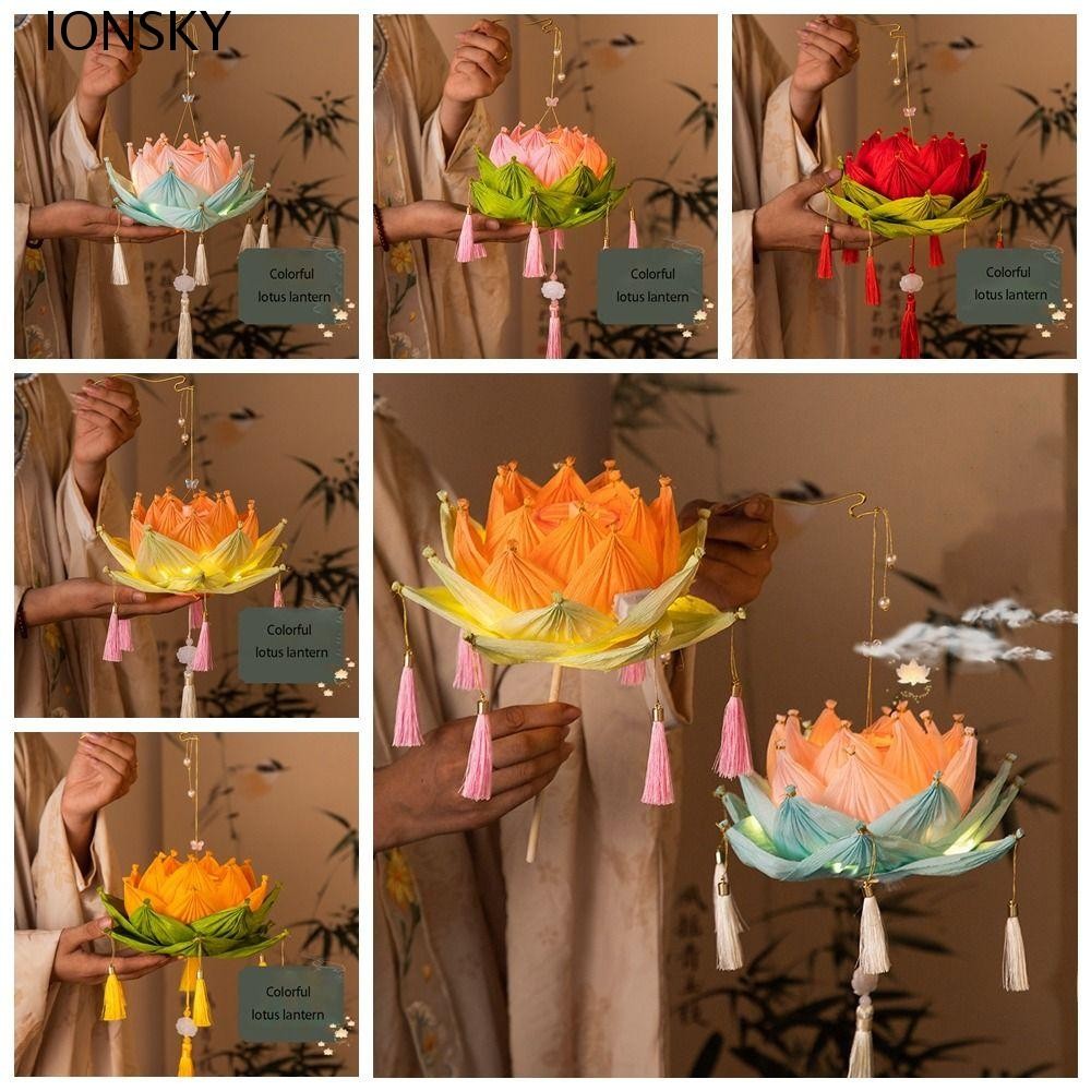 IONSKY มือถือดอกไม้แสง,เรืองแสงแขวน DIY โคมไฟดอกบัว,ที่มีสีสันทําด้วยมือจีนวินเทจกลางฤดูใบไม้ร่วงเทศกาลโคมไฟ Hanfu Props