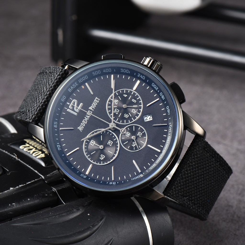 AP AP Epi นาฬิกาข้อมือควอตซ์สไตล์ใหม่สามตาจอแสดงผลญี่ปุ่นสีดําเคสทอสาย Casual Watch Rui Watch